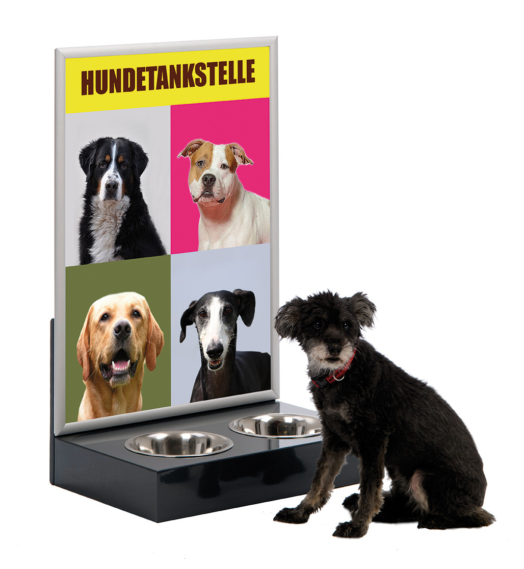 Hundetankstelle mit Wasserfestem 25 mm Klapprahmen DIN A1 inkl. Futter-/Trinkschüssel