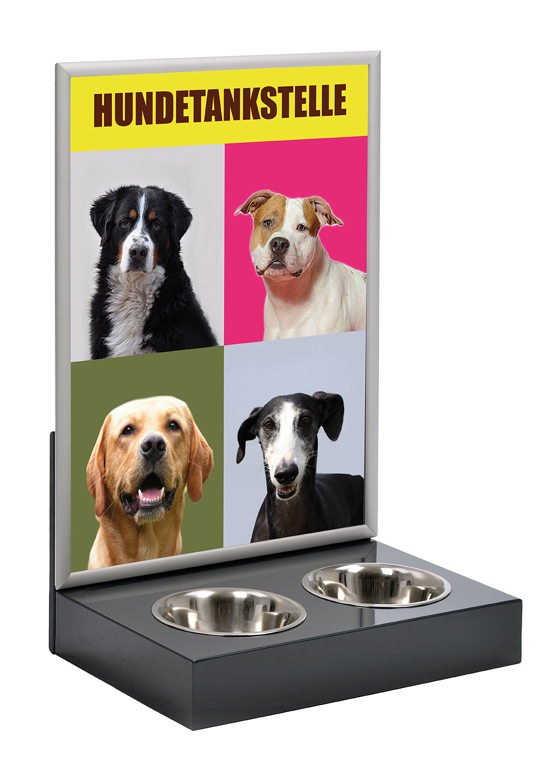 Hundetankstelle mit Wasserfestem 25 mm Klapprahmen DIN A1 inkl. Futter-/Trinkschüssel